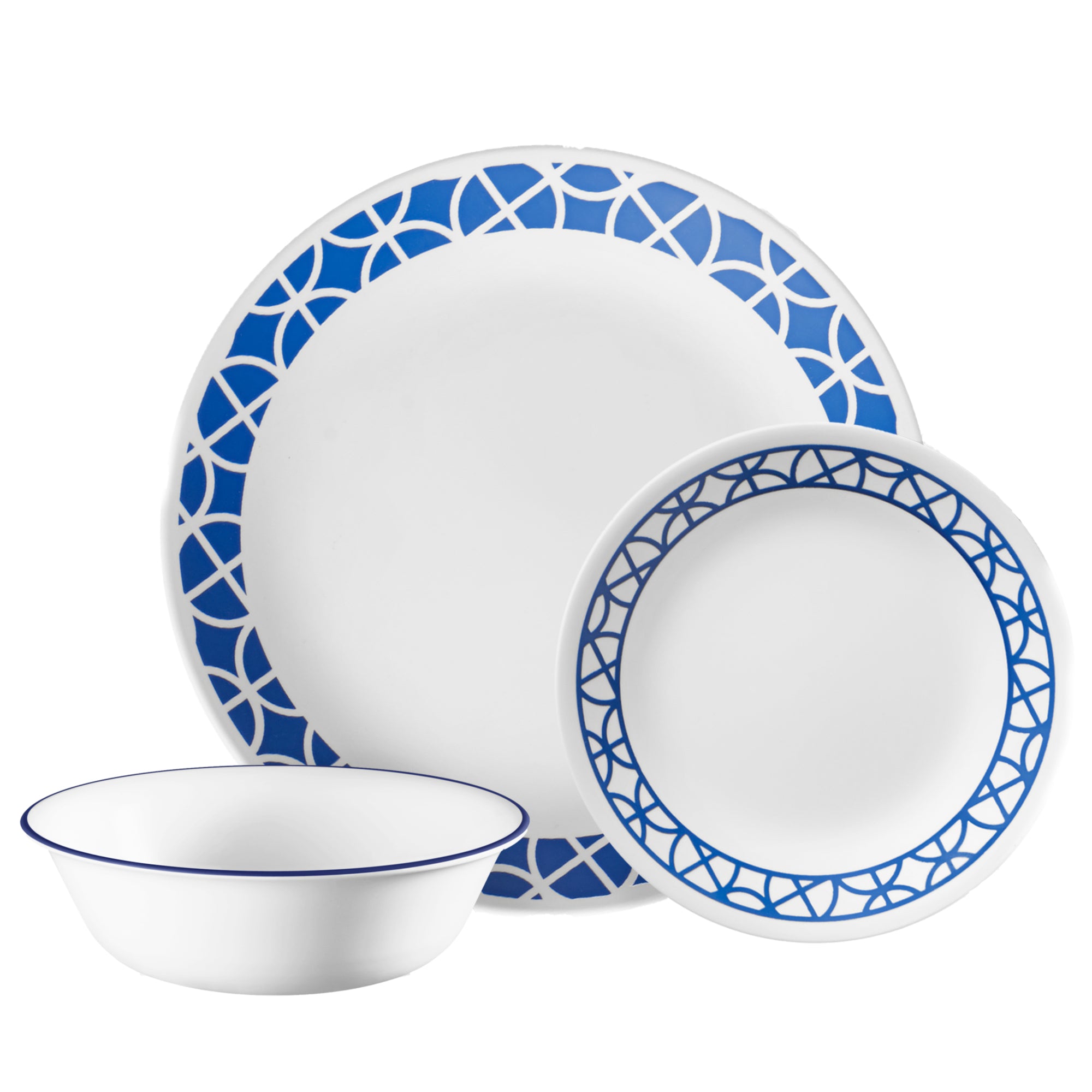 Corelle Cobalt Circles 12-piece Mugless Dinnerware Set. Service of 4